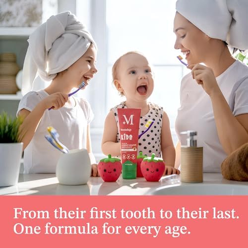 Kids brushing teeth with Mouthology strawberry hydroxyapatite remineralizing paste.