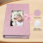 Close up of the customizable front window on the premium pink linen memory book