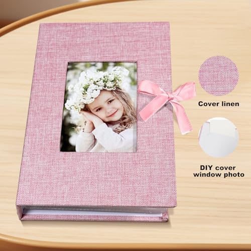 Close up of the customizable front window on the premium pink linen memory book
