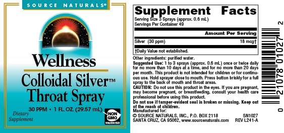 Authentic USA imported Colloidal Silver throat spray bottle packaging detailing directions