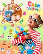 Close up of colorful cartoon and food themed stickers