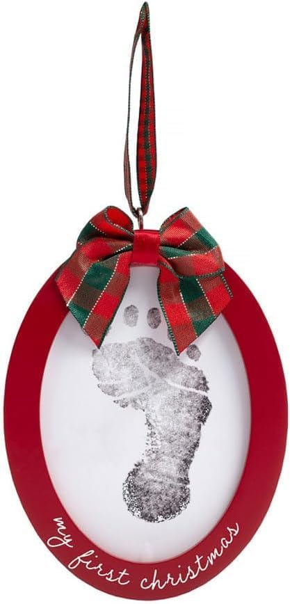 Double sided infant holiday keepsake frame displaying baby print on the reverse side