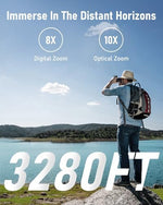 Anminto camera binoculars with the two inch liquid crystal display screen opened for video playback.
