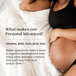 One A Day Prenatal Advanced softgel and tablet supplement facts.