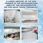 Generisch freezer ice remover spray being applied to thick frost inside a home refrigerator compartment.