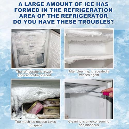 Generisch freezer ice remover spray being applied to thick frost inside a home refrigerator compartment.