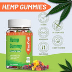 Vegan non-GMO hemp gummies jar showing ingredient highlights