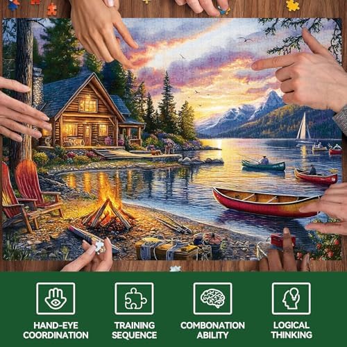 Authentic USA imported 500 piece adult puzzle featuring lakeside cabin sunset artwork