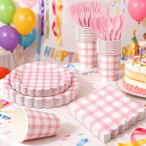 Decorative party table setting with pink gingham supplies