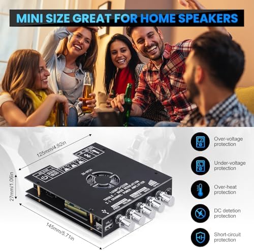 Premium audio amplifier component showing input ports for USB AUX and Bluetooth