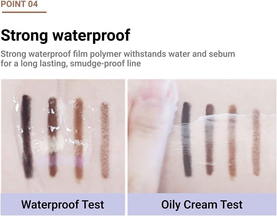 Long-lasting smudge-proof Korean eyeliner pencil displayed with its color indicator base.