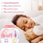 Side view of Dreft baby and family extra large laundry pacs container highlighting hypoallergenic properties