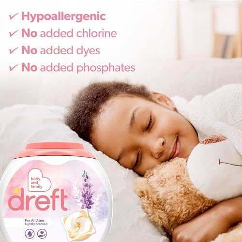 Side view of Dreft baby and family extra large laundry pacs container highlighting hypoallergenic properties