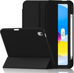 iMieet iPad 10th Generation Case front view in matte black showing the slim trifold smart cover profile.