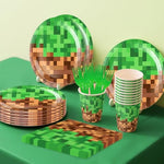 Pixel birthday balloons and tablecloth for party setup