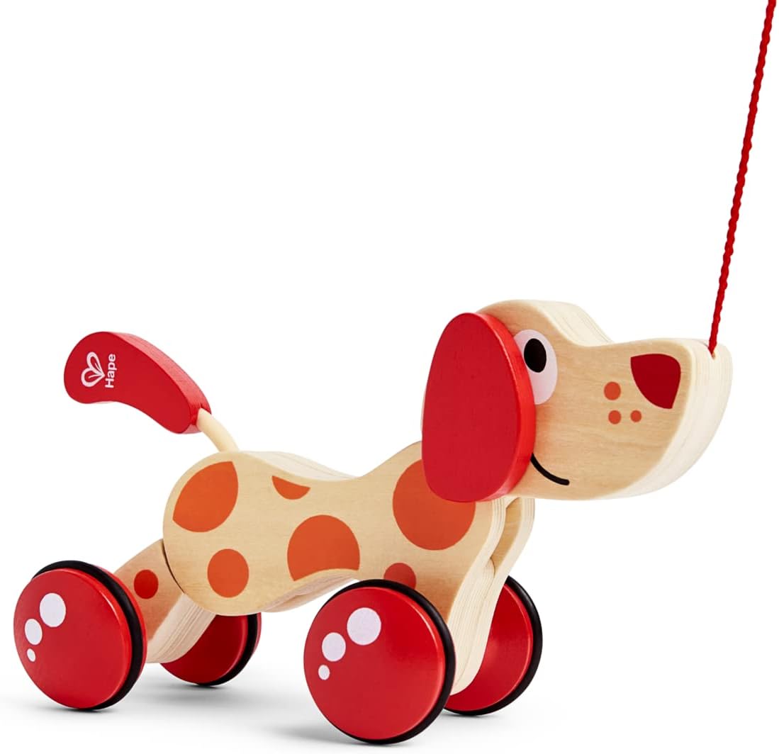 Hape Walk-A-Long Puppy wooden pull toy front view showing Pepe the dog design with red wheels and pull cord