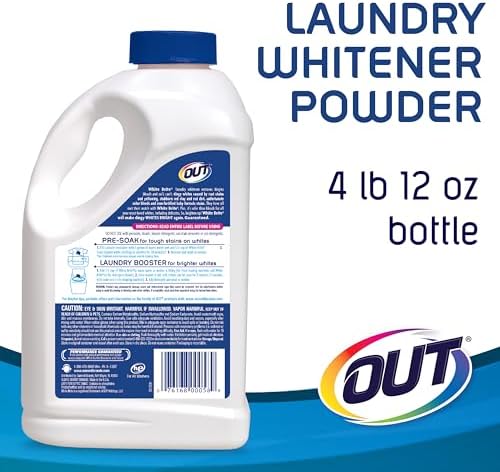 OUT White Brite powder detergent booster for removing rust and yellowing.