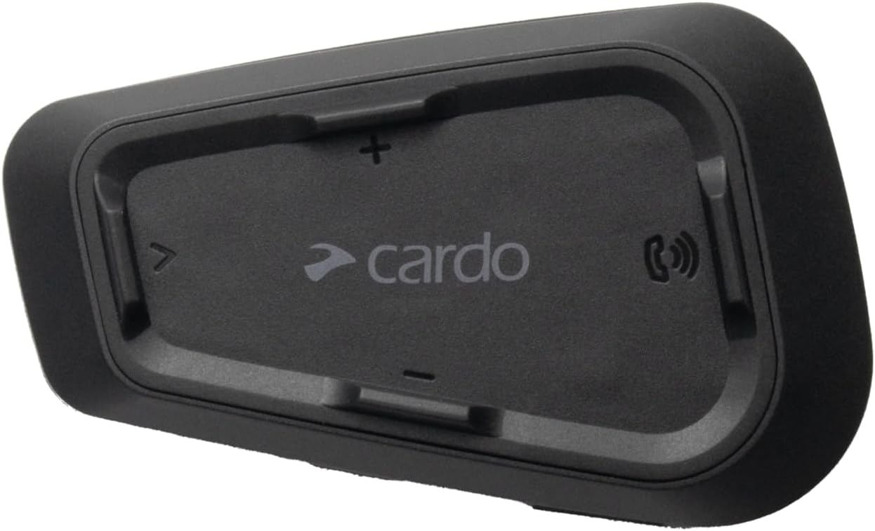 Cardo Systems Spirit motorcycle Bluetooth communication headset single pack front view showing control buttons.