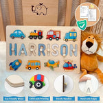 Side view of the custom toddler puzzle displaying the premium smooth wooden edges and detailed animal accent blocks.