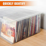 Tutata stackable clear media organizer container side view showcasing high transparency for title reading