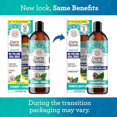 GuruNanda coconut oil pulling rinse packaging showing the natural essential oil ingredients list