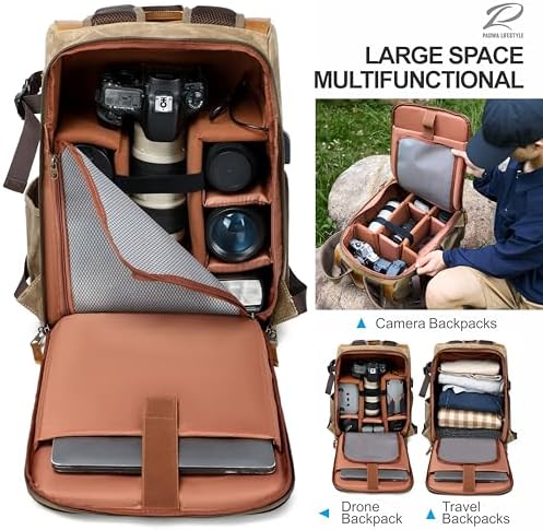 Padwa Lifestyle canvas camera backpack back panel demonstrating anti-theft rear zipper design and padded shoulder straps