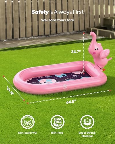 Pink elephant water toy featuring the built-in bottom drain plug for fast emptying