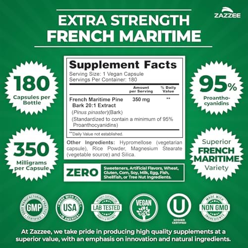 Zazzee Pine Bark 350 mg supplement showing ingredients and 95 percent proanthocyanidins certification