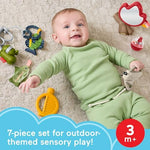 Fisher-Price toy fishing pole with clicker dial link hook and two crinkle plush fish.