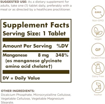 Back label of Solgar Chelated Manganese showing dosage and usage instructions