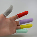 Assorted colors of GSHLLO cotton finger sleeves arranged together