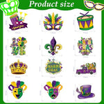 Purple green and gold masquerade mask ceiling decorations close up