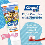 Close up of Orajel Fruity Bubble toothpaste tube featuring Paw Patrol characters.