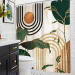 Vibrant green and gold geometric sun arch print pattern details on the Glawry minimalist modern fabric curtain.