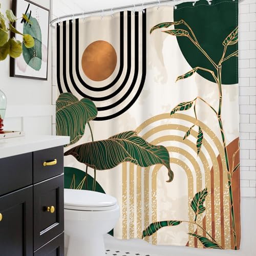 Vibrant green and gold geometric sun arch print pattern details on the Glawry minimalist modern fabric curtain.