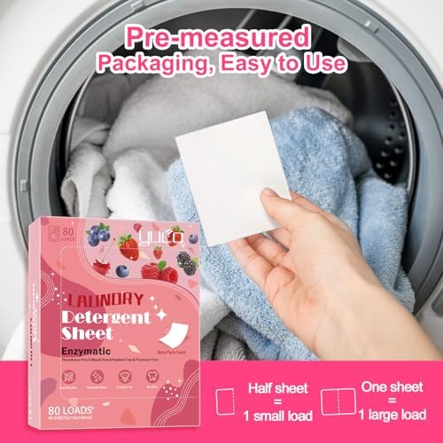 Eco friendly plastic free laundry detergent sheets box next to freshly washed clothes