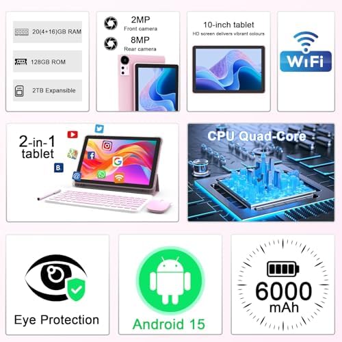 Android 15 Tablet 10 Inch, 20GB RAM+128GB ROM/ 2TB Expandable, 2.0GHz Quad-core Processor, 1280*800 HD Screen, 5G WiFi6 BT 5.0, 2 in 1 Tablets with Keyboard Case Mouse Stylus, Widevine L1 Pink - Image 3