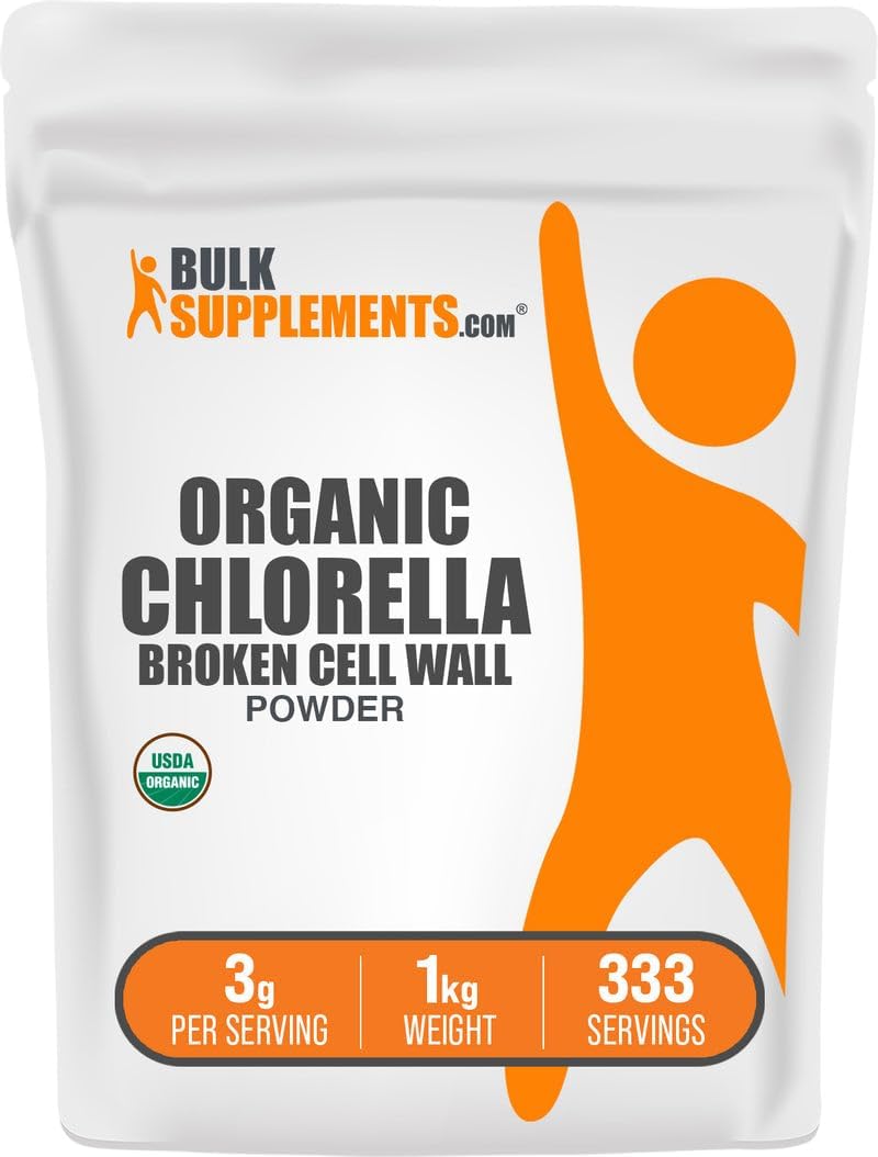 Vegan and gluten free organic chlorella powder displaying clean processing indicators and seals.