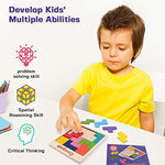 Coogam tangram puzzle pieces arranged into an alternative creative shape outside of the board.