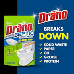 Back of Drano Septic Tank Treatment package showing enzyme benefits and instructions.