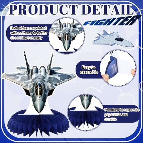 Assembled air force party honeycomb centerpieces on display