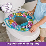Care Bears soft potty training seat demonstrating its universal fit on a standard adult toilet bowl.