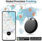 Circular Bluetooth tracking tag positioned next to an Android smartphone displaying a location map.