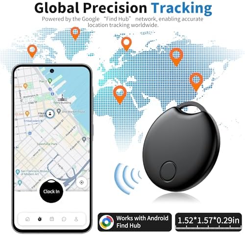 Circular Bluetooth tracking tag positioned next to an Android smartphone displaying a location map.