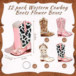 Close up of pink and brown cowgirl boot paper centerpiece design