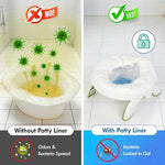 Toddler potty training liner with handles tied for disposal