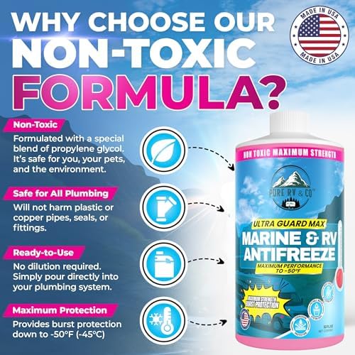Pure RV potable water safe glycerin formula winterizing fluid for camper water lines.