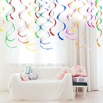 Pack of 28 colorful ceiling swirl foil decorations neatly packaged for event planning and home party decoration.
