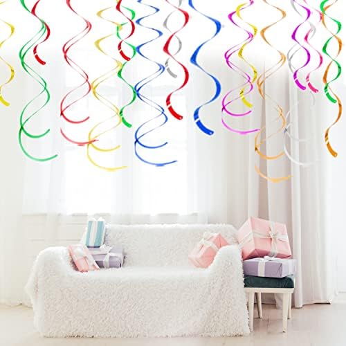 Pack of 28 colorful ceiling swirl foil decorations neatly packaged for event planning and home party decoration.