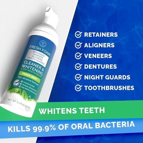 Mint flavored aligner cleaning foam pump bottle showcasing the three percent hydrogen peroxide whitening benefits.